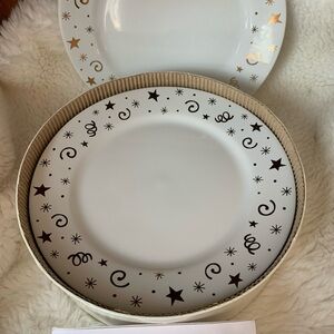 4 Pampered Chef Retro MCM Cosmic Gold Stars/Swiggles Dessert Party Plates 8”